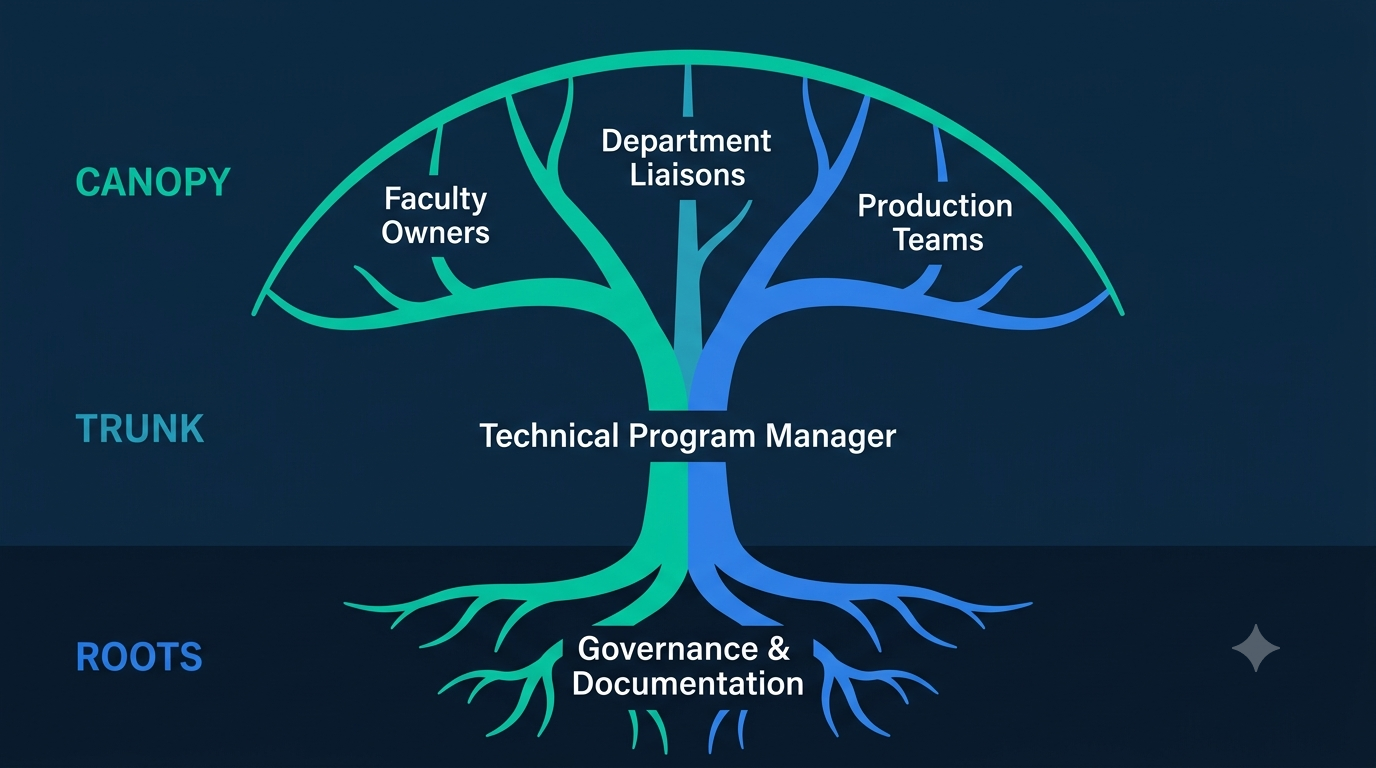 Tree diagram showing NSC Tech Hub's organizational structure: Roots (Governance and Documentation), Trunk (Technical Program Manager), and Canopy (Faculty Owners, Department Liaisons, and Production Teams)